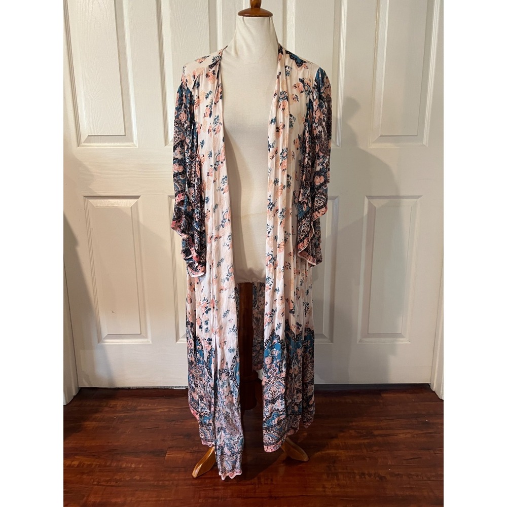 Angie Womens Bohemian Floral Open Front Longline Kimono Duster Cardigan Size‎ L